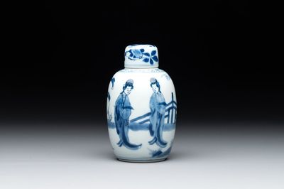 A Chinese blue and white 'Long Eliza' tea caddy and cover, artemisia leaf mark, Kangxi