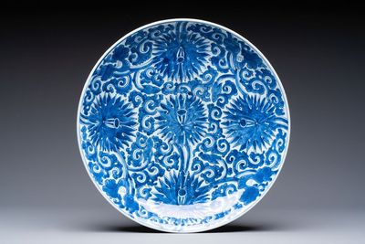 A Chinese blue and white 'lotus' dish, lozenge mark, Kangxi