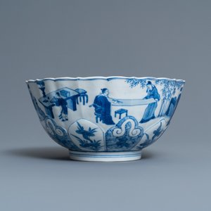A Chinese blue and white lotus-molded 'Seven sages in the bamboo grove' bowl, Chenghua mark, Kangxi — 照片 5