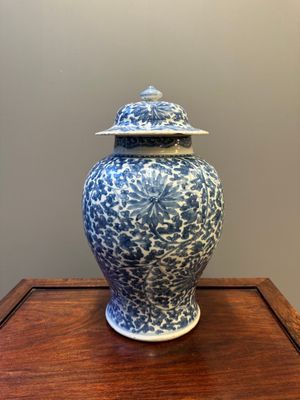 A Chinese blue and white 'lotus scroll' vase and cover, Kangxi — photo 1