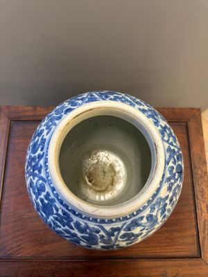 A Chinese blue and white 'lotus scroll' vase and cover, Kangxi — photo 11