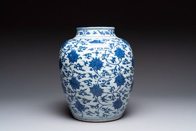 A Chinese blue and white 'lotus scroll' vase, Jiajing/Wanli