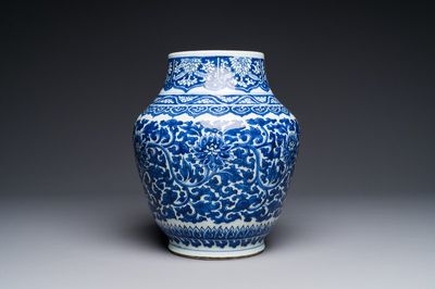 A Chinese blue and white 'lotus scroll' vase, Transitional period