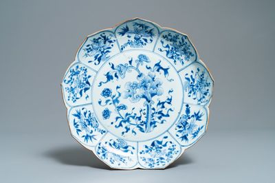 A Chinese blue and white lotus-shaped dish with floral design, Kangxi