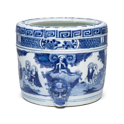 A Chinese blue and white 'Luohan' cylindrical tripod censer, Chongzhen