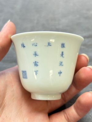 A Chinese blue and white 'mandarin duck and lotus' cup, Kangxi mark, 19th C. — 照片 4