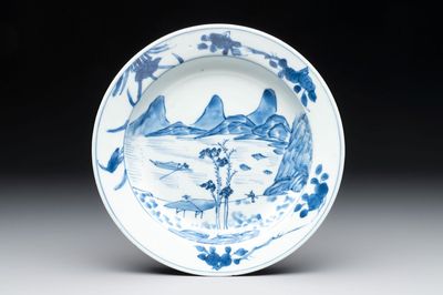A Chinese blue and white 'Master of the Rocks' plate, Kangxi