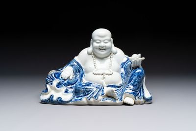 A Chinese blue and white Milefo Buddha, Zeng Long Sheng 曾龍昇 mark, 20th C.