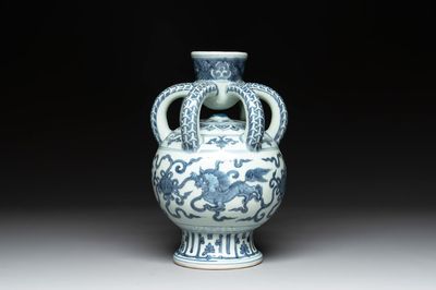 A Chinese blue and white Ming-style 'Buddhist lion' vessel, 20th C.