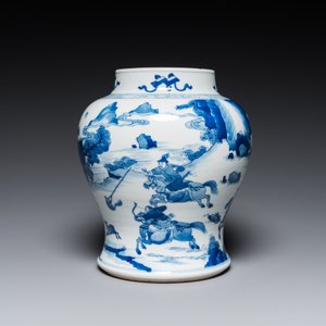 A Chinese blue and white 'Mongolian hunt' jar with wooden cover, Kangxi — 照片 2