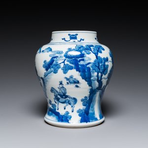 A Chinese blue and white 'Mongolian hunt' jar with wooden cover, Kangxi — 照片 4