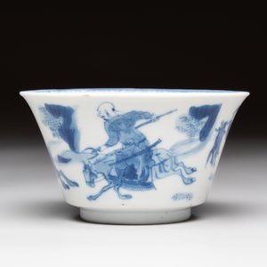 A Chinese blue and white 'Mongolian hunting' cup and saucer, jade mark, Kangxi — photo 6