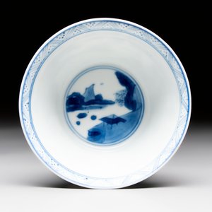 A Chinese blue and white 'Mongolian hunting' cup and saucer, jade mark, Kangxi — photo 9