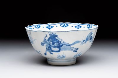 A Chinese blue and white 'Mongolian hunting scene' bowl, Chenghua mark, Kangxi