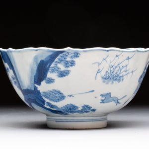 A Chinese blue and white 'Mongolian hunting scene' bowl, Chenghua mark, Kangxi — photo 6