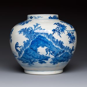 A Chinese blue and white 'Monkeys' vase, Man Tang Fu Ji 滿堂福記 mark, 19th C. — foto 4