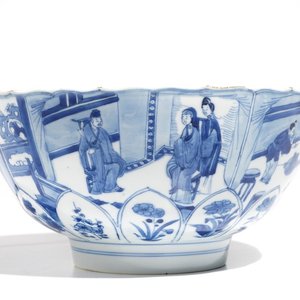 A Chinese blue and white moulded lotus-shaped bowl, Xuande mark, Kangxi — photo 1