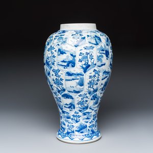 A Chinese blue and white moulded vase with landscape and flower panels — photo 4