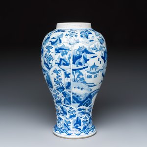 A Chinese blue and white moulded vase with landscape and flower panels — photo 5