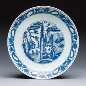 A Chinese blue and white 'Mountainous Landscape' dish — photo 1