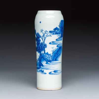 A Chinese blue and white 'Mountainous Landscape' sleeve vase, Transitional period