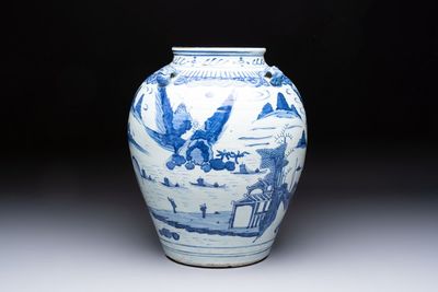 A Chinese blue and white 'Mountainous Landscape' vase with four lion-form handles, 16/17th C.