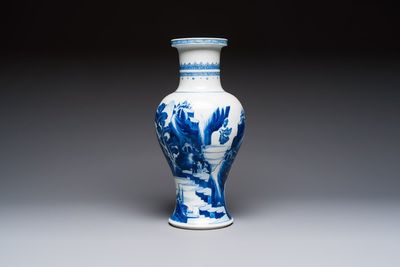 A Chinese blue and white 'Mountainous Riverscape' baluster vase, Kangxi