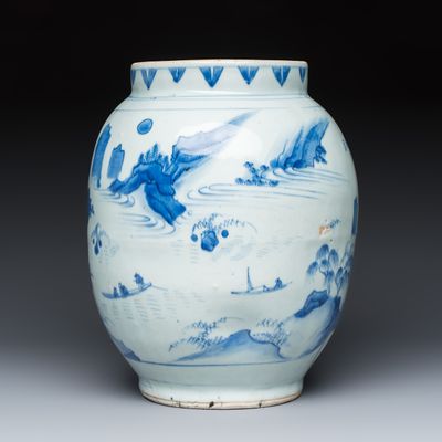 A Chinese blue and white 'Mountainous Riverscape' jar, Transitional period