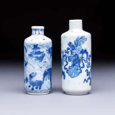 A Chinese blue and white 'Mythical Animals' snuff bottle and a 'Buddhist Lions' snuff bottle, 19th C.