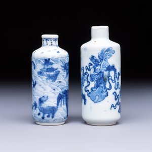 A Chinese blue and white 'Mythical Animals' snuff bottle and a 'Buddhist Lions' snuff bottle — photo 1
