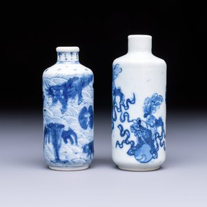 A Chinese blue and white 'Mythical Animals' snuff bottle and a 'Buddhist Lions' snuff bottle — photo 2