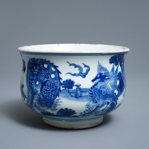 A Chinese blue and white 'mythical beasts' censer, Transitional period — photo 1