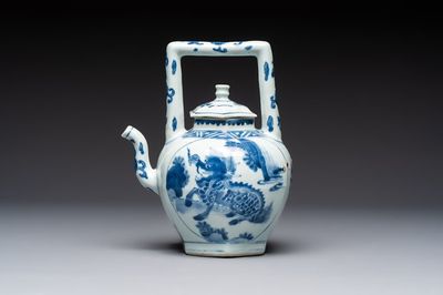 A Chinese blue and white 'Mythical Beasts' wine pot and cover, Transitional period