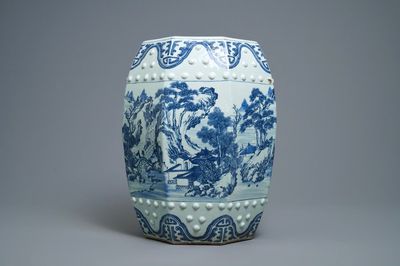 A Chinese blue and white octagonal garden seat with a landscape, Qianlong