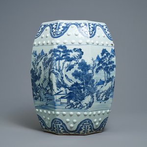 A Chinese blue and white octagonal garden seat with a landscape, Qianlong — photo 1