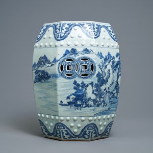 A Chinese blue and white octagonal garden seat with a landscape, Qianlong — photo 2