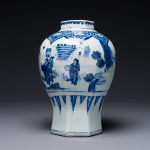 A Chinese blue and white octagonal 'Jia Guan Jin Jue 加官晉爵' vase, Transitional period — 照片 5