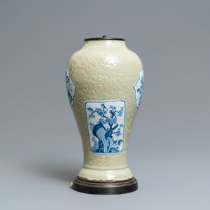A Chinese blue and white on carved celadon-glazed ground vase, Kangxi — photo 4