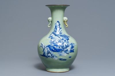 A Chinese blue and white on celadon ground bottle vase, 19th C.