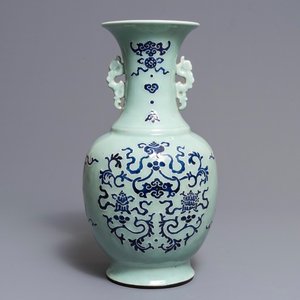 A Chinese blue and white on celadon ground 'buddhist emblems' vase, Qianlong mark and of the period — 照片 1