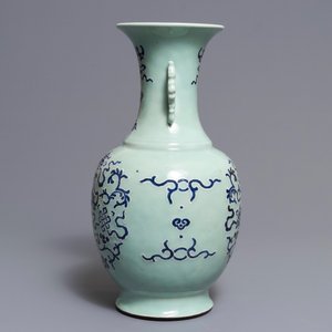 A Chinese blue and white on celadon ground 'buddhist emblems' vase, Qianlong mark and of the period — 照片 2