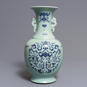 A Chinese blue and white on celadon ground 'buddhist emblems' vase, Qianlong mark and of the period — 照片 3