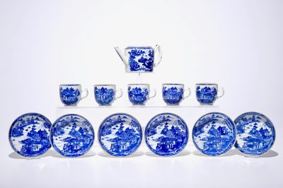 A Chinese blue and white part tea service with landscapes, Qianlong