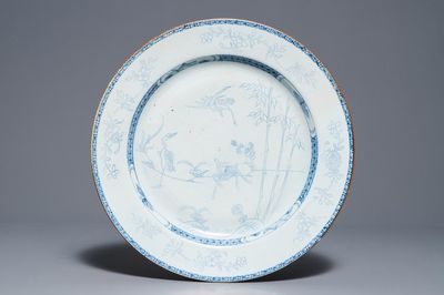 A Chinese blue and white pencil style charger with a deer and two herons, Yongzheng