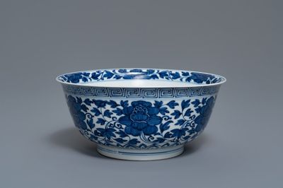 A Chinese blue and white 'peony scroll' bowl, Kangxi
