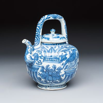 A Chinese blue and white 'Phoenix and Flowers' wine pot, Wanli