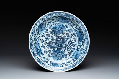 A Chinese blue and white 'phoenix and peonies' dish, Hongzhi/Zhengde