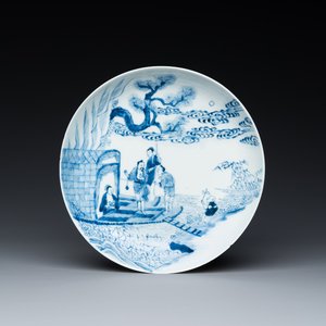 A Chinese blue and white plate with a breastfeeding woman and fishermen on boats, Yongzheng — photo 1