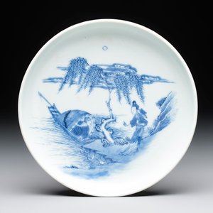 A Chinese blue and white plate with a couple along the water, Ya Zhi 雅製 mark, Kangxi/Yongzheng — photo 1