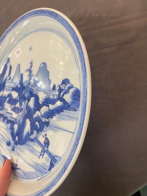 A Chinese blue and white plate with a mountainous river landscape, Chenghua mark, Kangxi — photo 3